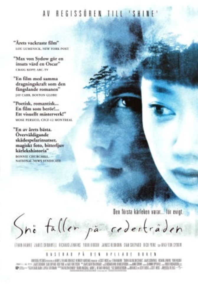 Snö faller på cederträden