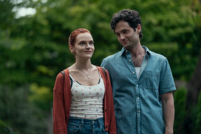 Madeline Brewer som Bronte och Penn Badgley som Joe Goldberg i "You".