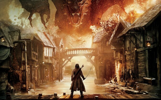 Bågskytten Bard mot den eldsprutande draken Smaug.