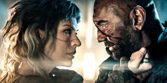 Milla Jovovich och Dave Bautista. 