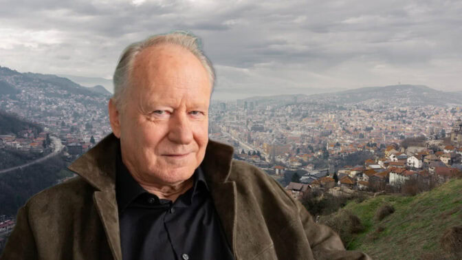 Stellan Skarsgård över Sarajevo. Bilden är ett kollage.