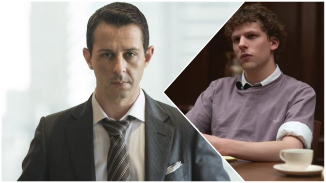 Jeremy Strong som Kendall Roy i "Succession" och Jesse Eisenberg som Mark Zuckerberg i "The Social Network".