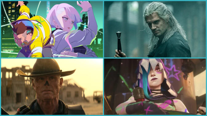 På bilden: "Cyberpunk: Edgerunners", "The Witcher", "Fallout" och "Arcane".