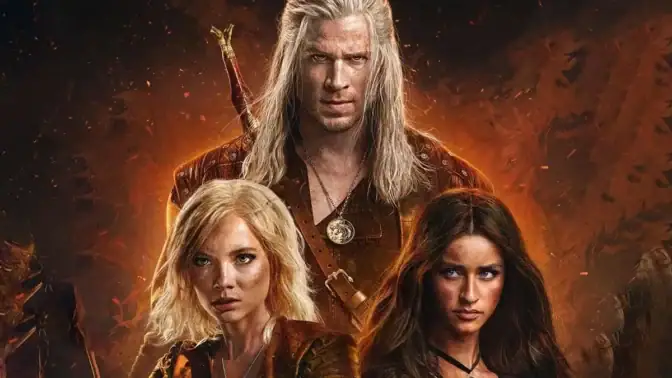 Postern för säsong 4 av "The Witcher", med Liam Hemsworth, Freya Allan och Anya Chalotra i centrum som Geralt, Ciri och Yennefer respektive.