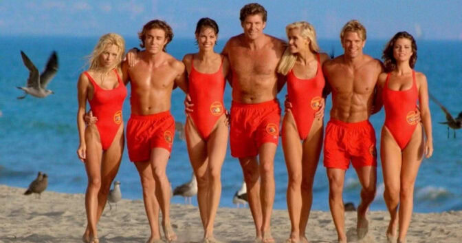 Ensemblen i ursprungliga "Baywatch", redo för våta äventyr.