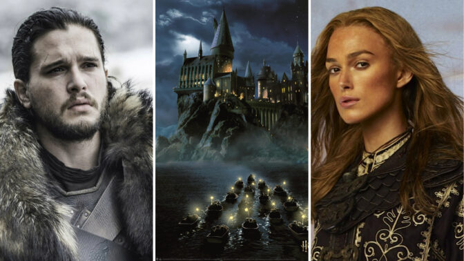 Kit Harington som Jon Snow, Hogwarts som Hogwarts och Keira Knightley som Elizabeth Swann.