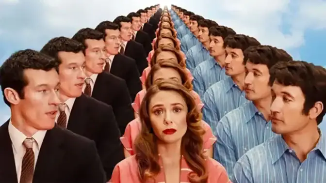 Callum Turner, Elizabeth Olsen och Miles Teller i "Eternity". 