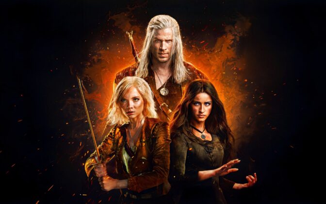 Liam Hemsworth, Freya Allan och Anya Chalotra som Geralt, Ciri och Yennefer i säsong 4 av "The Witcher".
