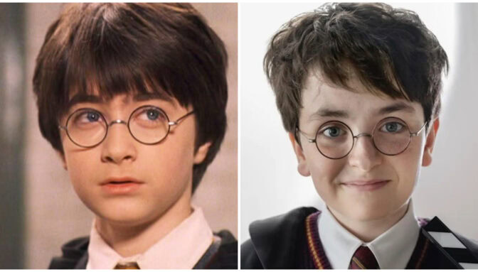 Daniel Radcliffe och Dominic McLaughlin som Harry Potter.