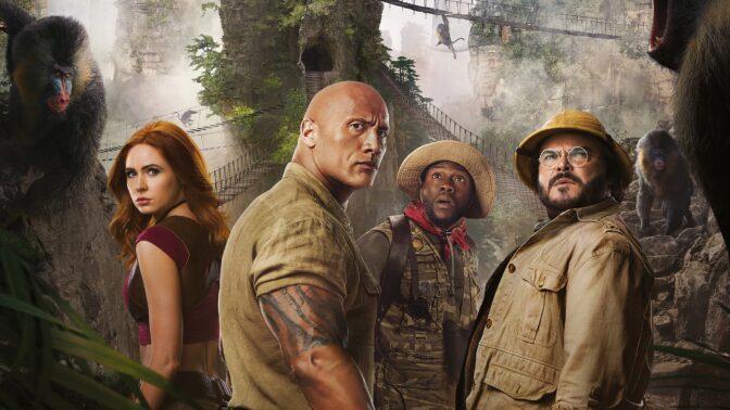 Karen Gillan, Dwayne Johnson, Kevin Hart och Jack Black i "Jumanji".