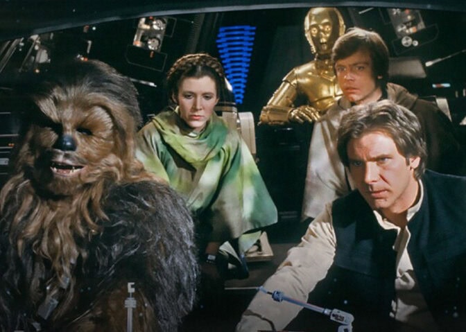 Harrison Ford, Anthony Daniels, Carrie Fisher, Mark Hamill, och Peter Mayhew i "Jedins återkomst".