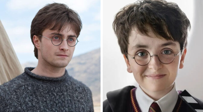 Daniel Radcliffe och Dominic McLaughlin som Harry Potter. 