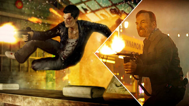 Kollage med en explosiv screenshot från spelet "Sleeping Dogs" och en action-scen med Bob Odenkirk från "Nobody 2".