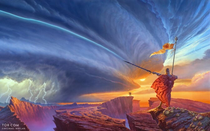 Omslaget till den första "Stormlight"-boken, "The Way of Kings", målat av Michael Whelan.