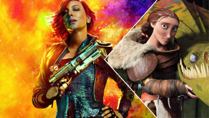 Cate Blanchett i "Borderlands" och hennes karaktär Valka i animerade "Draktränaren 2"