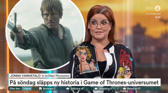 Jonna Vanhatalo snackar "GOT" i tv-rutan.