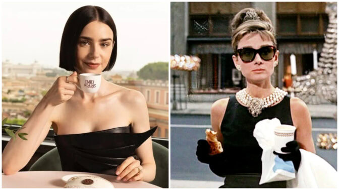 Lily Collins i "Emily in Paris" och Audrey Hepburn i "Frukost på Tiffany's".