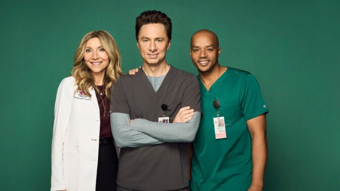 Sarah Chalke, Zach Braff och Donald Faison i säsong 10 av "Scrubs".