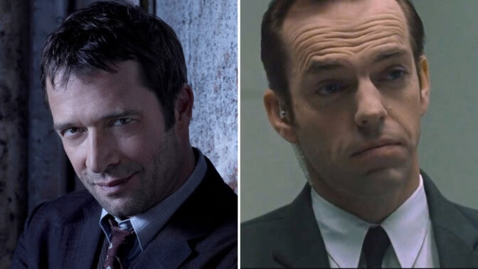 Ett enkelt kollage med en närbild på James Purefoy vid sidan av en närbild på Hugo Weaving.