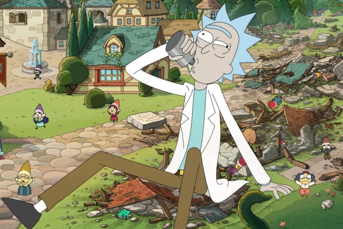 Morty från Rick and Morty sitter och dricker alkohol bland lilleputtar.