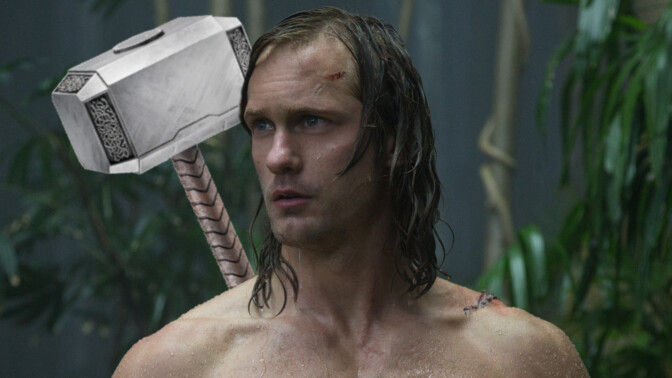Thors hammare med Alexander Skarsgård (bilden är ett montage).