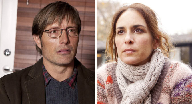 Mads Mikkelsen och Alexandra Rapaport i briljanta "Jakten".
