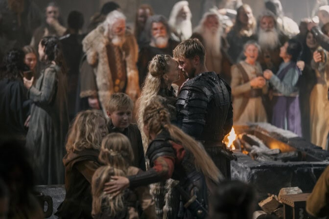 Jessica Madsen (Gunhild), Xavier Molyneux (Erik Bloodaxe) in BLOODAXE SEASON 1 Photo Credit: Bernard Walsh / Prime © Amazon Content Services LLC