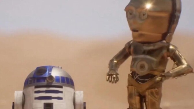 R2-D2 och C-3PO i animerade versioner, såsom de kommer att synas i "Funday Football"